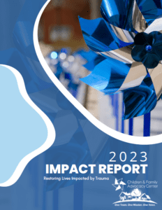 Cover page of a booklet with an image of a blue and silver pinwheel stating "2023 Impact Report - Children and Family Advocacy Center"