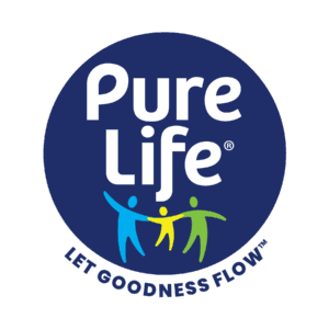 Blue circular Pure Life logo with white lettering, the tagline 'Let Goodness Flow,' and three stylized blue, yellow, and green figures holding hands at the bottom.