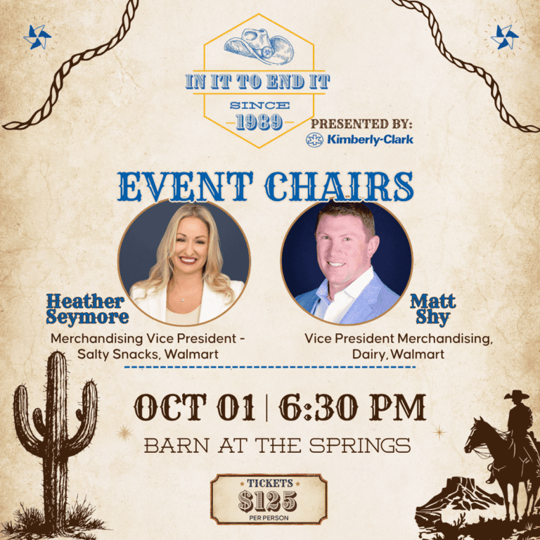 Western-themed promotional graphic for the In It to End It event featuring Event Chairs Heather Seymore and Matt Shy, with event details: October 1, 6:30 p.m., Barn at the Springs, tickets $125.