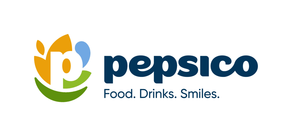 PepsiCo logo featuring its colorful circular “P” icon alongside the PepsiCo name and tagline, “Food. Drinks. Smiles.”